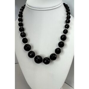 Sally C SX 925 Sterling Silver Black Faceted Onyx Bead Necklace 18" Toggle